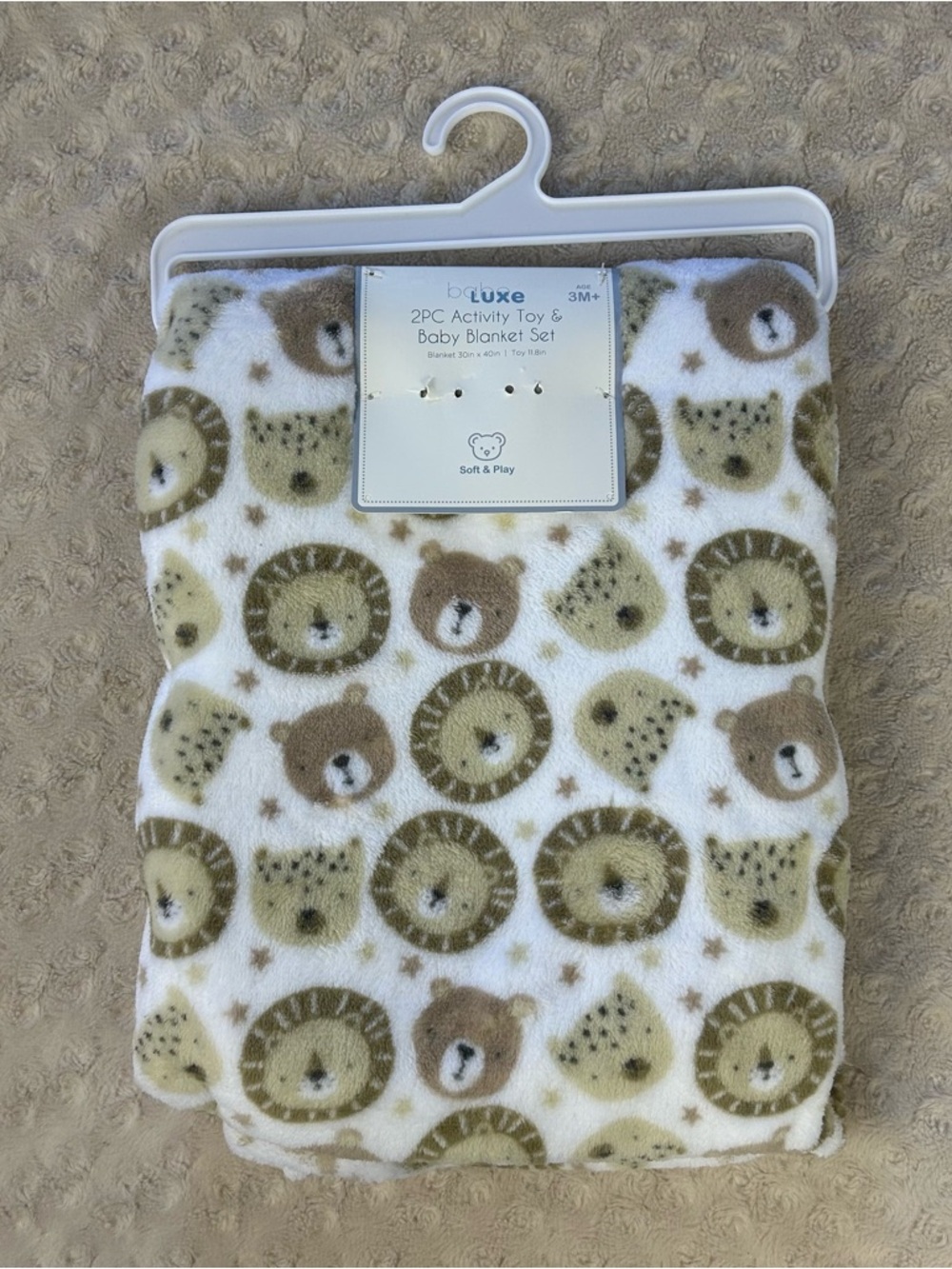 Babe Luxe Lion Bear Baby Blanket Brown White Tan Stars Leopard Teddy Soft